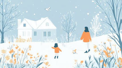Winter stroll, mother, child, snowy landscape, house, postcard