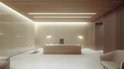 Fototapeta premium Modern minimalist office waiting area with wooden desk and beige walls.
