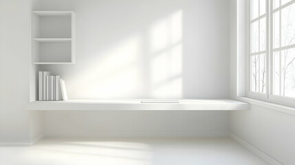 Fototapeta premium Modern minimalist study nook, sunlight streams in through window, books on shelf.
