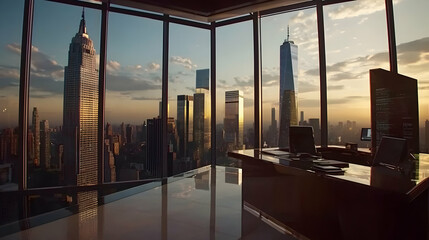 Fototapeta premium High-rise office with city skyline view at sunset.