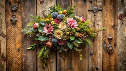 Fototapeta premium Ancient, ornate, floral arrangement on a worn wooden wall , decorative, nature-inspired, decorative, nature-inspired