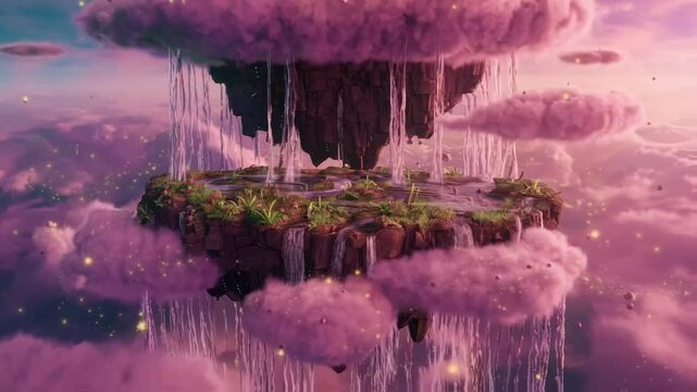 A massive island floats in the sky, with streams of water cascading downward like clouds. The island's surface is covered with small waterfalls and vibrant green plants.