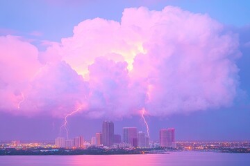 Lightning strikes over cityscape at sunset beneath dramatic pink clouds