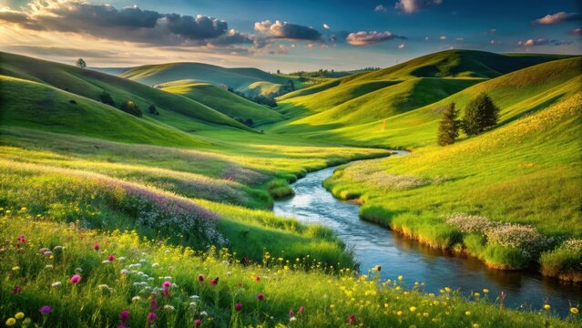 Rolling hills of emerald green with a meandering stream and lush wildflowers swaying gently in the summer breeze, green fields, summer landscape