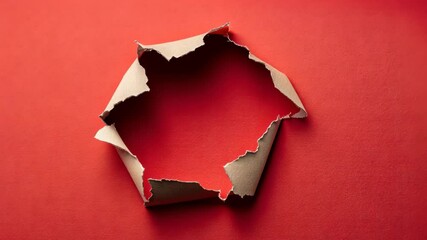 Torn cardboard with a hexagonal opening against a bright red background creates a striking visual contrast and texture - Powered by Adobe