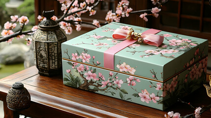 Ornate gift box with cherry blossom design on wooden table in a traditional garden setting.