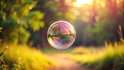 A delicate pink soap bubble floats gently in mid-air amidst a serene and isolated landscape with soft focus