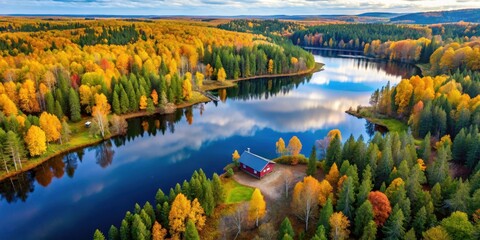 Fototapeta premium Aerial view of cottage in autumn colors forest by blue lake in rural Finland, cottage, nature, cottage, nature