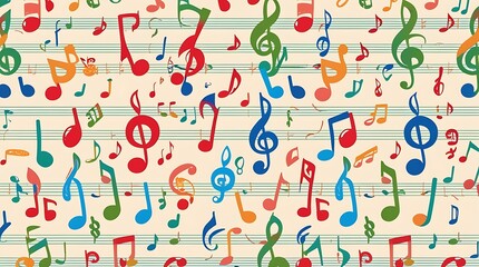 Colorful musical notes background design with vibrant treble clefs symbols and patterns showcasing the beauty of music creativity rhythm harmony and melody perfect for artistic inspiration and decor

