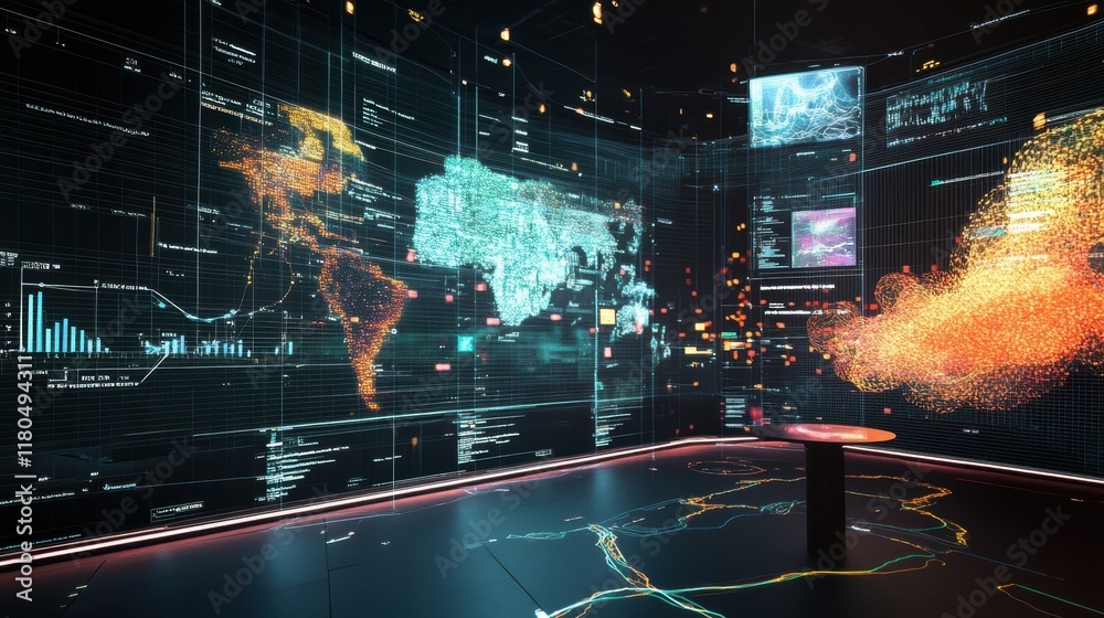Poster futuristic command center showing world map and data visualization on multiple digital screens, repr