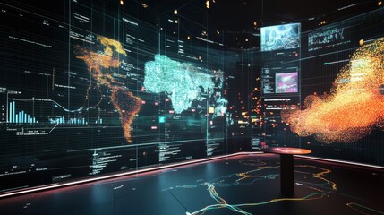 Obraz premium Futuristic command center showing world map and data visualization on multiple digital screens, representing global monitoring, analysis, and strategic decision making in a high tech environment