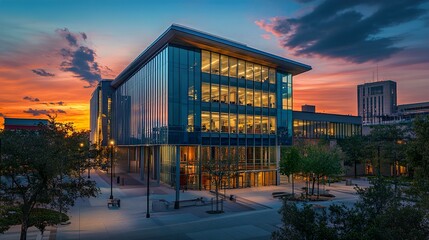 Fototapeta premium Modern Glass Building at Sunset: Architectural Marvel