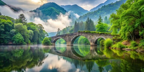 Fototapeta premium Ancient stone bridge over serene lake surrounded by lush greenery and towering trees with a misty background in the mountains , Altes Boot am Bergsee, mountain lake