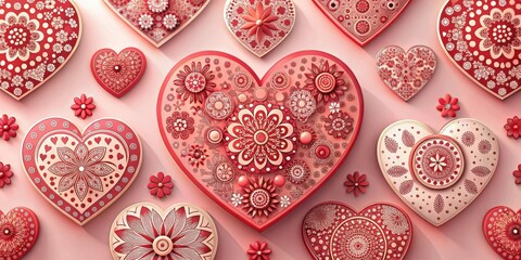 Red heart shapes with floral patterns, love symbols and geometric designs on a pastel pink background , romantic