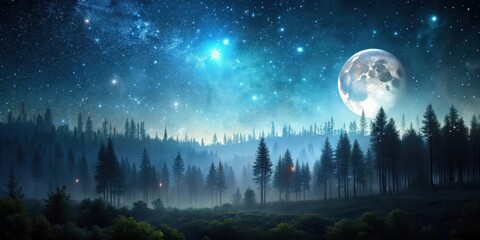 Dark forest night sky with stars and moon, illuminated by a distant city light, stars, moon,  stars, moon