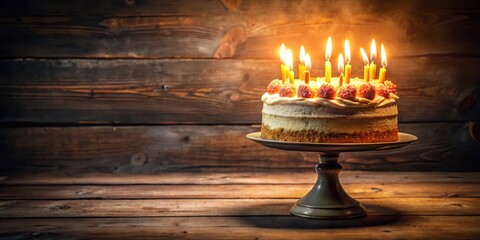 Vintage style birthday cake with candles lit on a wooden table in a nostalgic setting