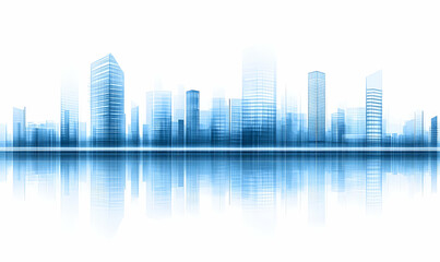 Fototapeta premium Abstract blue cityscape reflected in water, modern architecture, urban skyline, design element, futuristic city, clean background.