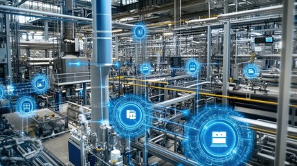 Futuristic industrial factory using augmented reality with holographic monitoring system managing production and digital twins, big data analysis, and deep learning