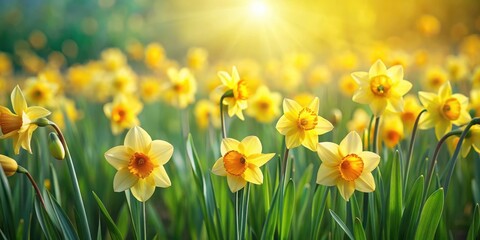 Fototapeta premium Golden Daffodil flowers swaying in the gentle spring breeze amidst a sea of green fields and wildflowers , spring, flowers