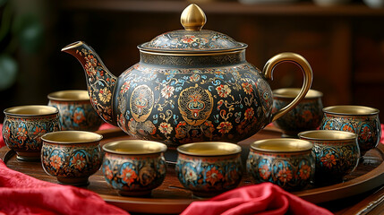 Ornate black and colorful tea set on wooden tray, red fabric background.