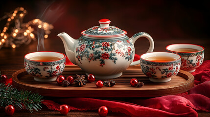 Elegant Chinese Tea Set with Christmas Accents on Wooden Tray.