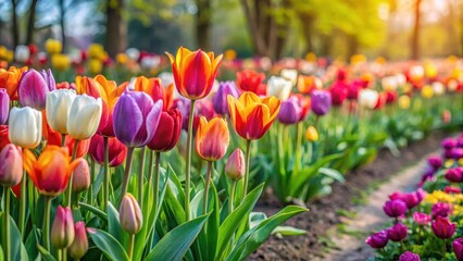 Rows of vibrant spring tulips in a garden bed, with some flowers slightly wilted and others perfectly erect, garden beds, blooming flowers in garden