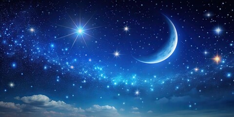 Fototapeta premium A serene night sky with a vast array of twinkling stars and a crescent moon shining brightly in the dark blue sky , celestial body, starry night sky