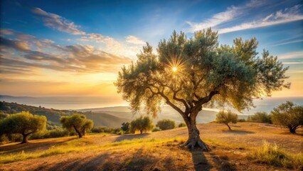 Obraz premium Olivenbaum im Herbst mit Sonnenlicht und weitem Horizont
