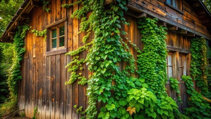 Corner of a rustic wooden house with lush green vines and leaves crawling up the walls and around the corner , corners, rustic