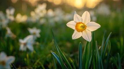 White Daffodil in a Spring Meadow at Sunset
