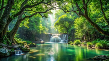 Naklejka premium Serene forest surroundings with lush greenery and water features, surrounded by trees with branches intertwined