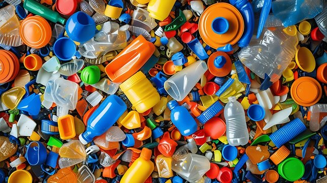 Vivid colorful plastic waste pollution illustrating environmental impact of single-use plastics highlighting recycling challenges sustainability importance and need for reducing plastic consumption fo
