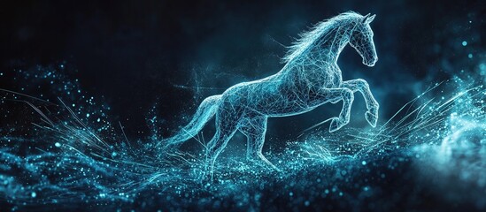Blue glowing hologram of a horse running, on a dark background.