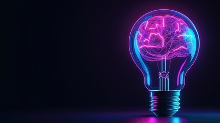 Brain inside lightbulb; neon effect on dark background.