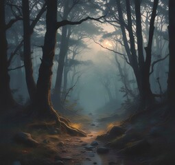 Fototapeta premium Illustration of dark spooky woods.