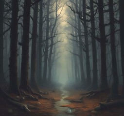 Illustration of dark spooky woods.