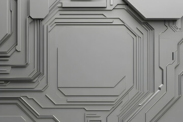 Abstract grayscale 3D rendering of futuristic technological circuit board pattern. Ideal for backgrounds, presentations, or tech-themed designs.