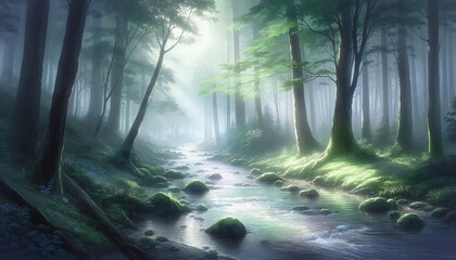 Obraz premium Gentle stream winding through misty forest - Anime aesthetic wallpaper
