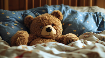 Sick bear lying in bed with fever.