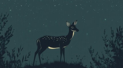 A Spotted Deer Stands Silhouetted Against Night Sky