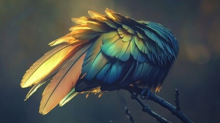 Obraz premium A Colorful and Majestic Bird Wing Captured in Stunning Detail, Showcasing a Blend of Vibrant Hues and Intricate Feather Textures Against a Soft, Dreamy Background