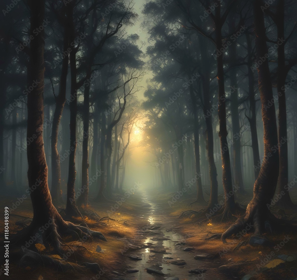 Wall mural Illustration of dark spooky woods.