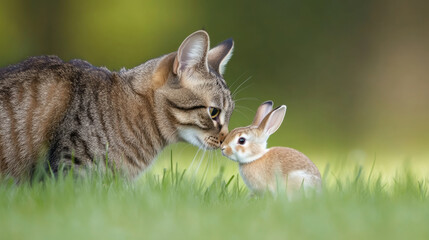 Fototapeta premium cat and small rabbit share tender moment in springtime meadow, showcasing cheerful connection in nature