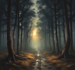 Fototapeta premium Illustration of dark spooky woods.