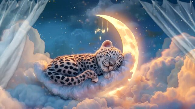 A cute baby leopard sleeping on a fluffy cloud with a crescent moon and stars in the night sky. Seamless looping video background