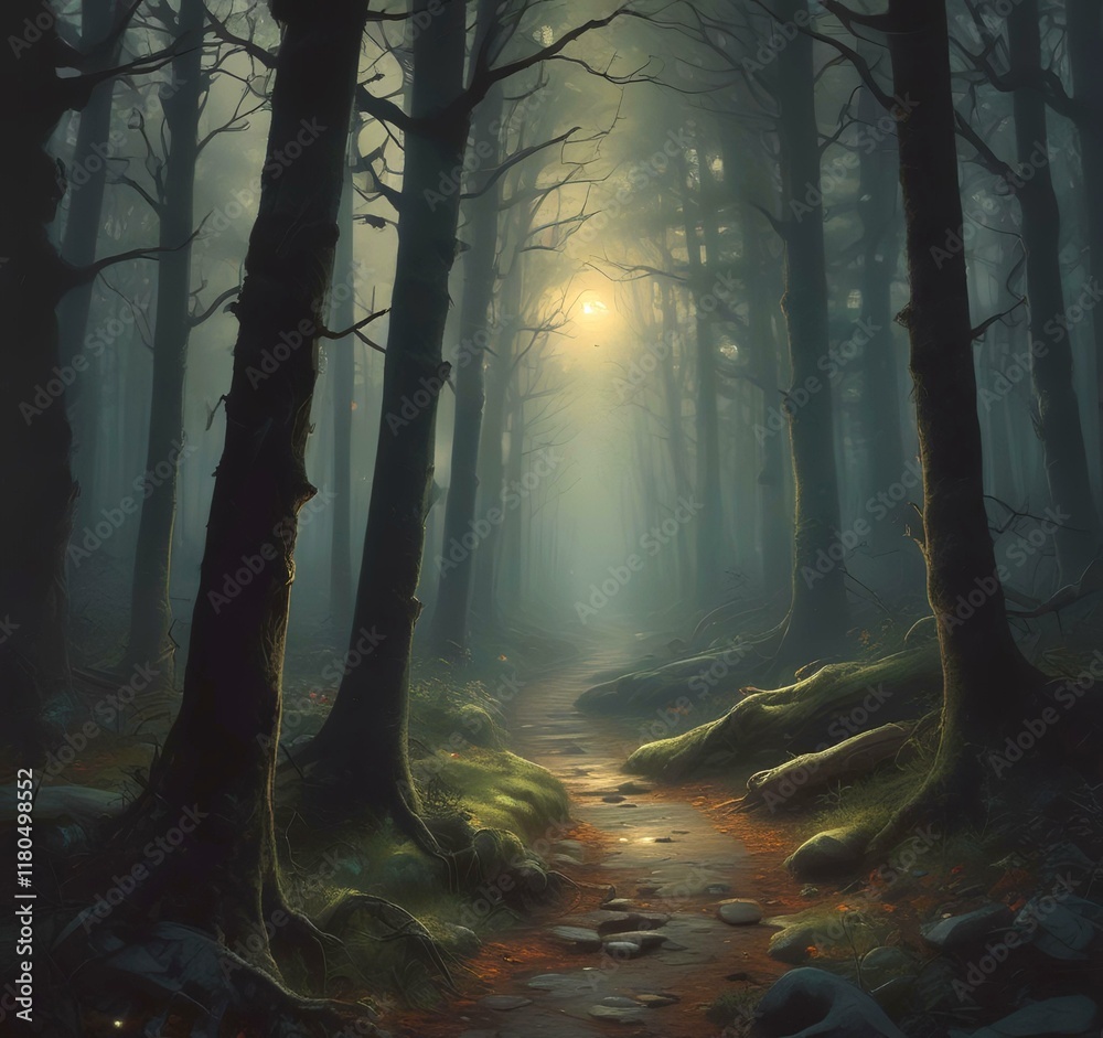 Wall mural Illustration of dark spooky woods.