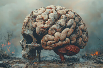 A decaying brain rests beside a skull in a desolate landscape