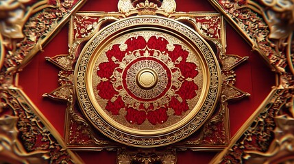 Ornate Golden Frame Encircles Red Intricate Design