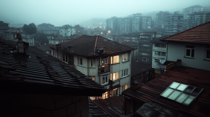 A foggy evening envelops a cluster of apartment buildings, with warm lights shining through the mist, creating an ethereal and mysterious atmosphere.
