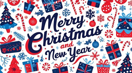Festive Merry Christmas and Happy New Year greeting card with red and blue holiday decorations including candy canes, Christmas trees, gift boxes, snowflakes, and ornaments for cheerful seasonal celeb